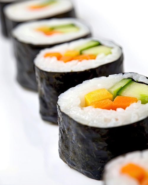 Closeup image of sushi rolls with salmon cucumber and rice wrapped in nori garnished with sesame seeds and green onions