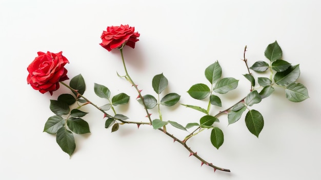 Photo a closeup image of two red rose blooms with green leaves and thorns on a branch isolated against a white background