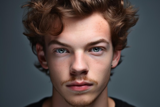 Closeup image of an unkempt young man against a grey background created with generative ai