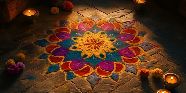 a closeup image of a vibrant intricate Rangoli pattern made with colorful powders