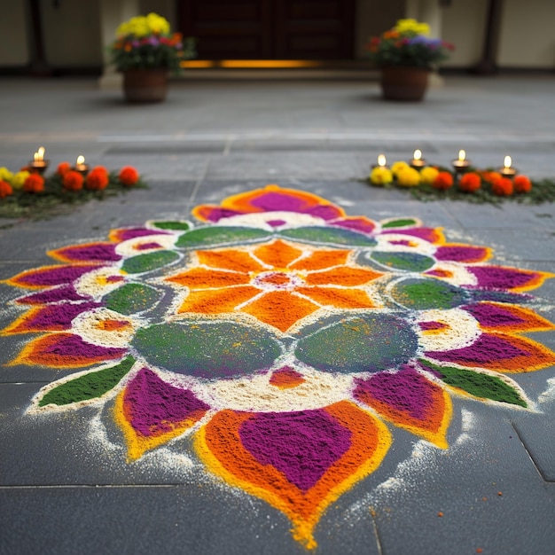 a closeup image of a vibrant intricate Rangoli pattern made with colorful powders