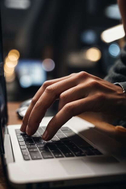 Closeup image of a woman's finger pressing on the enter button of laptop computer on the table