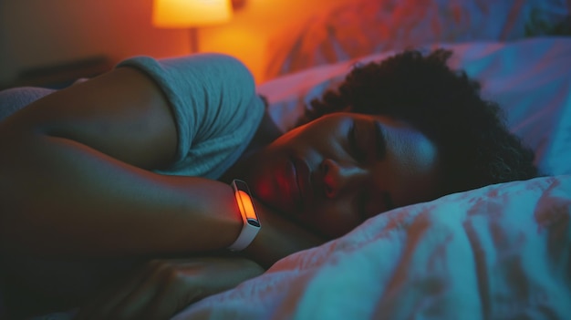 A closeup image of a woman sleeping soundly in bed her wristband glowing softly The soft lighting casts a warm glow on her face as she rests peacefully