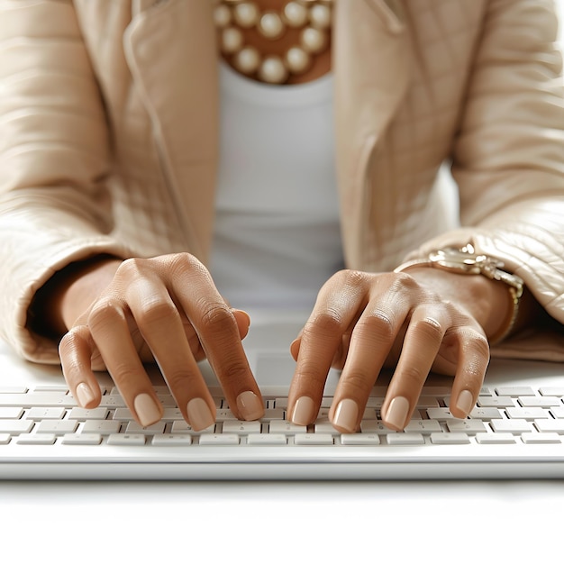 Photo closeup image of a woman working on laptop computer keyboard isolated on white background