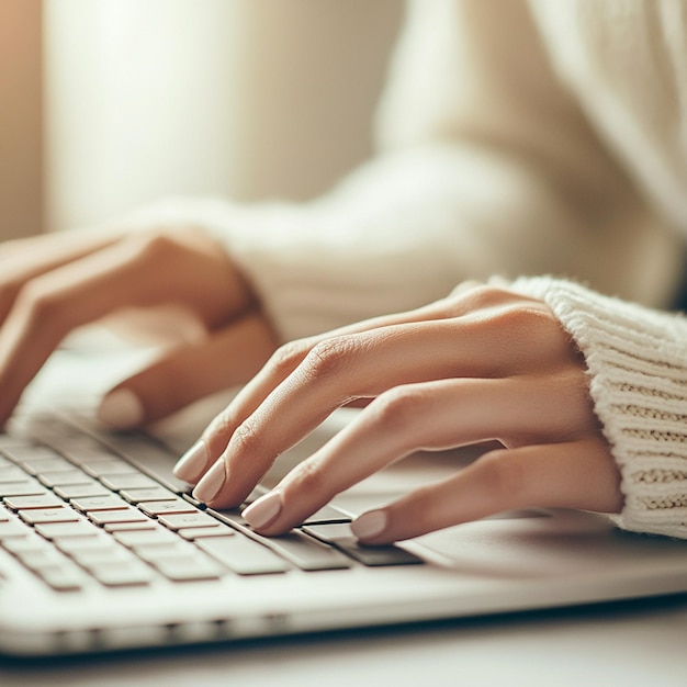 Photo closeup image of a womans hands working and typing