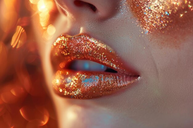 Photo a closeup image of a womans lips covered in shimmering gold glitter