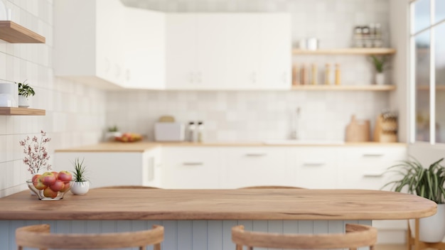 Closeup image of a wooden dining table in a modern Scandinavian kitchen