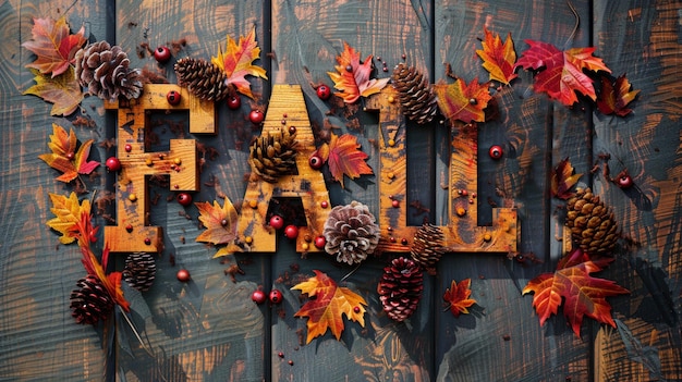 Photo a closeup image of wooden letters spelling fall decorated with pine cones autumn leaves and red berr