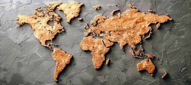 A closeup image of a wooden world map on a gray textured surface