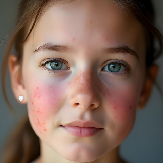 Photo a closeup image of a young persons face with visible acne highlighting the inflamed red pimples