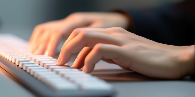 Photo closeup index finger presses a key computer keyboards business person working on the computer sel