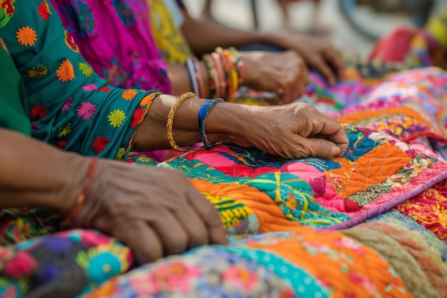 Closeup of indian artisans handstitching vibrant patchwork quilts showcasing cultural craftsmanship