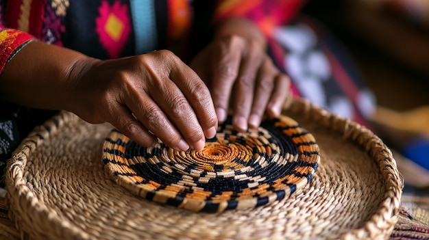 Closeup of Indigenous Artisans Working on Traditional Crafts