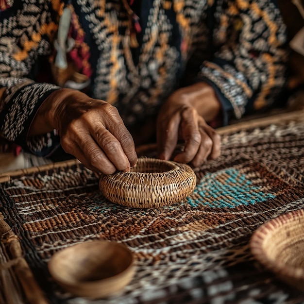 Photo closeup of indigenous artisans working on traditional crafts