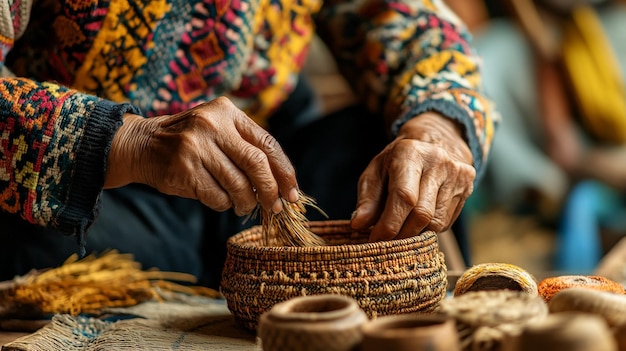 Photo closeup of indigenous artisans working on traditional crafts