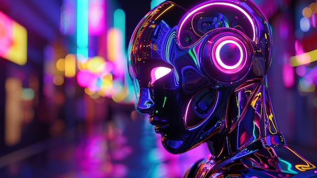 Closeup of individual in futuristic attire with headphones