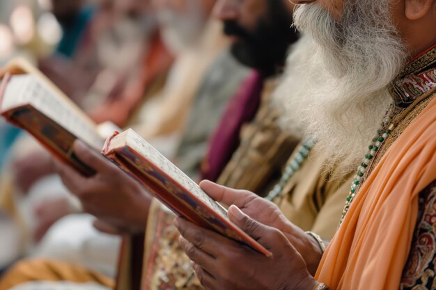 Closeup of an individual reading holy texts during a spiritual gathering