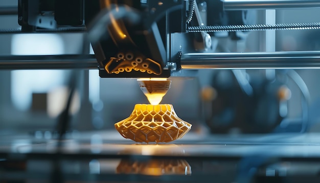 Closeup of an industrial 3D printer in action fabricating a complex 3D structure