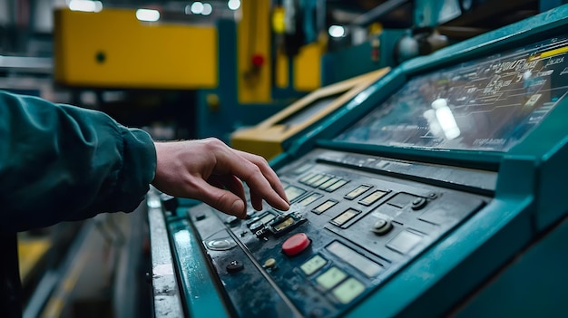 Closeup of industrial control panel with various buttons and knobs in a manufacturing environment