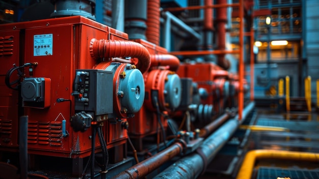 Closeup of industrial machinery featuring red pipes and valves in a factory setting