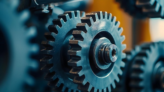 Photo closeup of industrial metal gears and cogs in machinery mechanism