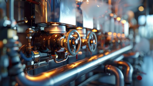 Closeup of industrial pipes and valves in a factory setting highlighting the intricate details of modern machinery