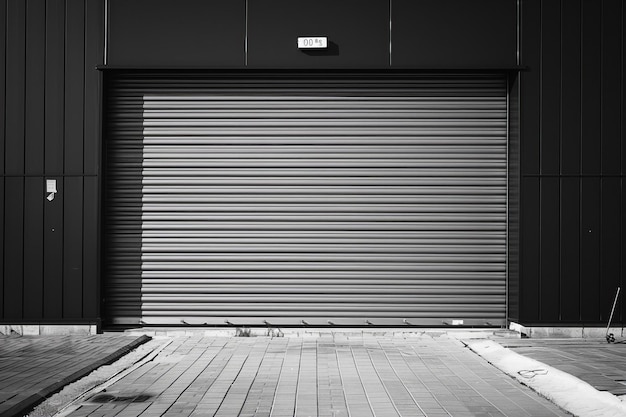 Photo closeup of industrial style rolling shutter garage door with silver metal slats