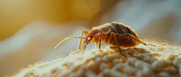 A closeup of an insect perched on a textured surface basked in a warm golden glow