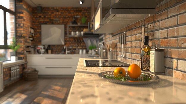 Photo a closeup of the interior of a contemporary kitchen featuring brown brick walls and white counters