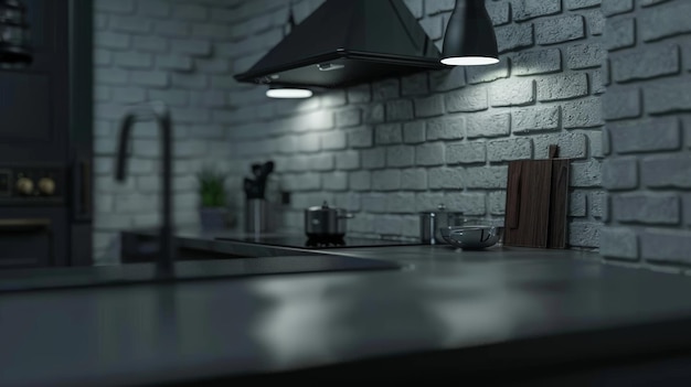 Photo a closeup of the interior of a contemporary kitchen featuring white brick wall and dark gray counter