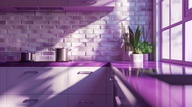 A closeup of the interior of a contemporary kitchen featuring white brick walls and purple counters