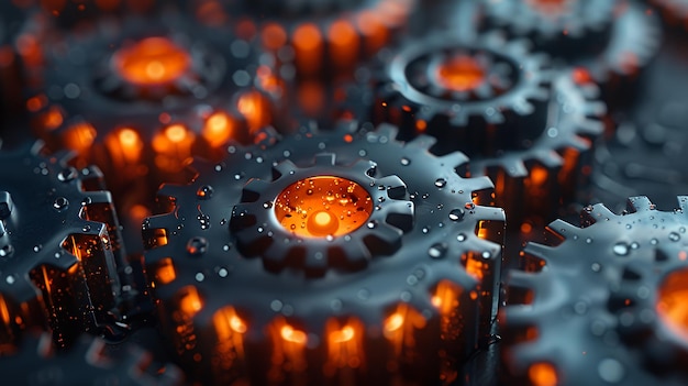 Closeup of interlocked metal gears with glowing centers and water droplets symbolizing machinery mechanics and teamwork