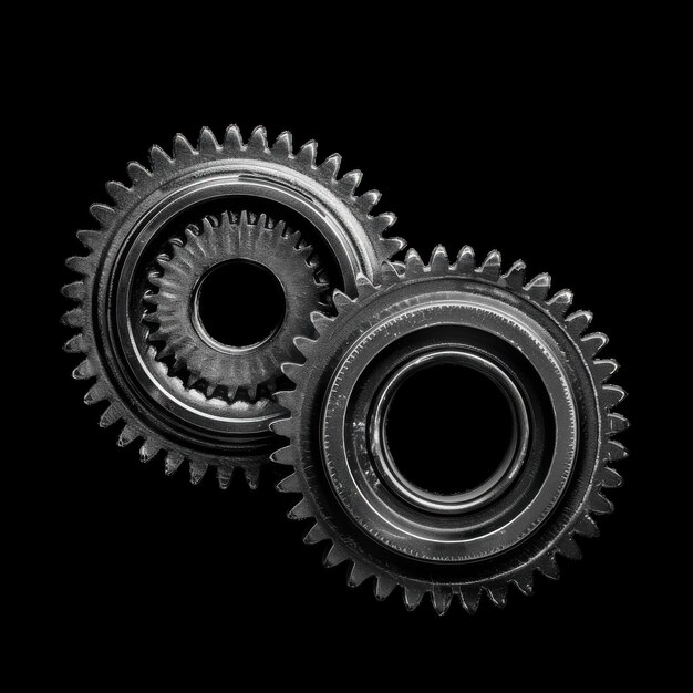 Closeup of interlocking gears on a black background