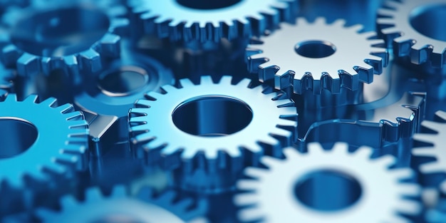 Closeup of Interlocking Metallic Gears in Blue Hues