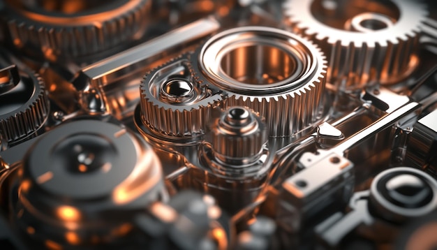 Closeup of Interlocking Metallic Gears in a Machine