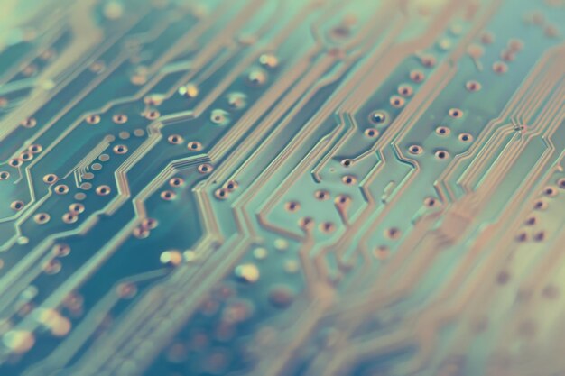 Photo closeup of an intricate and abstract bluegreen circuit board highlighting fine lines and detailed electronic pathways