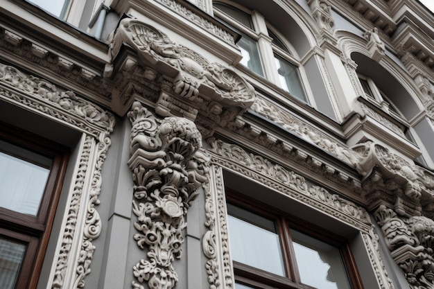 Closeup of intricate cornice work on a building facade created with generative ai