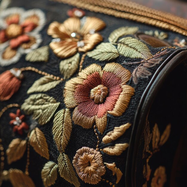 Closeup of intricate floral embroidery on black fabric