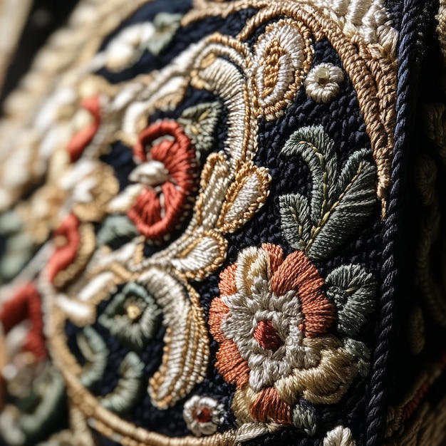 Closeup of intricate floral embroidery with gold red green and white threads on a dark blue fabric background