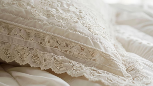 Closeup of intricate lace and embroidery on delicate nursery bedding showcasing craftsmanship and elegance ar 169 Job ID c049825962d7440e833485f908b8ab93