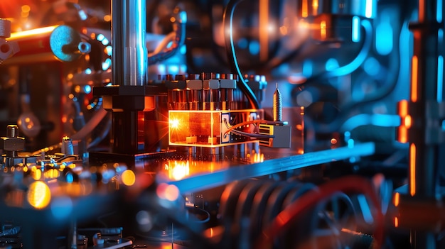 Closeup of intricate machinery with glowing lights