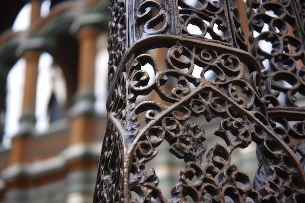 Closeup of intricate metalwork with the rest of the structure in view