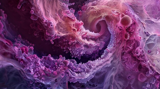 Closeup of intricate pink and purple organic shapes with a fluid dynamic appearance evoking