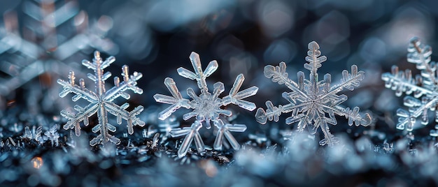 Closeup of Intricate Snowflake Structures on Dark Surface