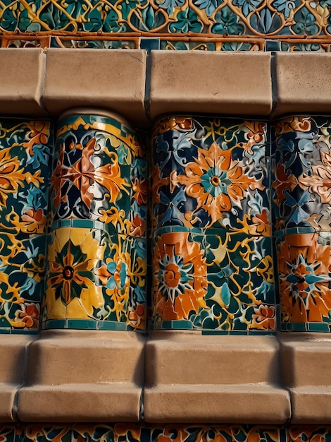 Closeup of an intricate tile pattern on a spanish revival structure