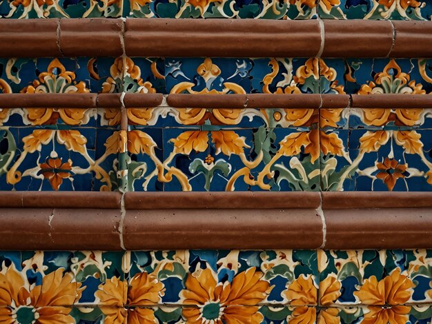 Photo closeup of an intricate tile pattern on a spanish revival structure