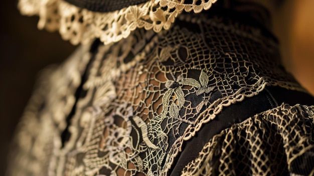 Closeup of intricate vintage lace details on an elegant dress highlighting the delicate craftsmanship and timeless beauty of the fabric