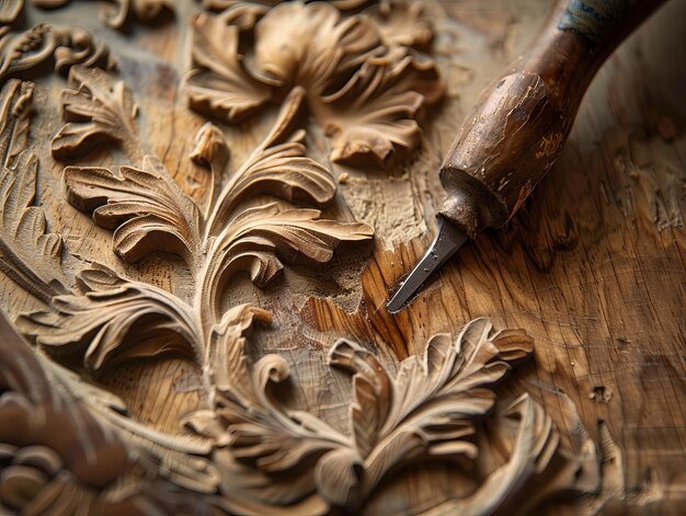 Photo closeup of intricate wood carving with a carving tool showcasing the artistry and detail of traditional woodworking