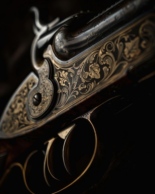 Photo closeup on the intricate woodwork of an antique firearm perfect for a mystery games puzzle piece clue in dim candlelight