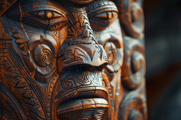 Closeup of an intricately carved wooden totem pole Indigenous Peoples Day